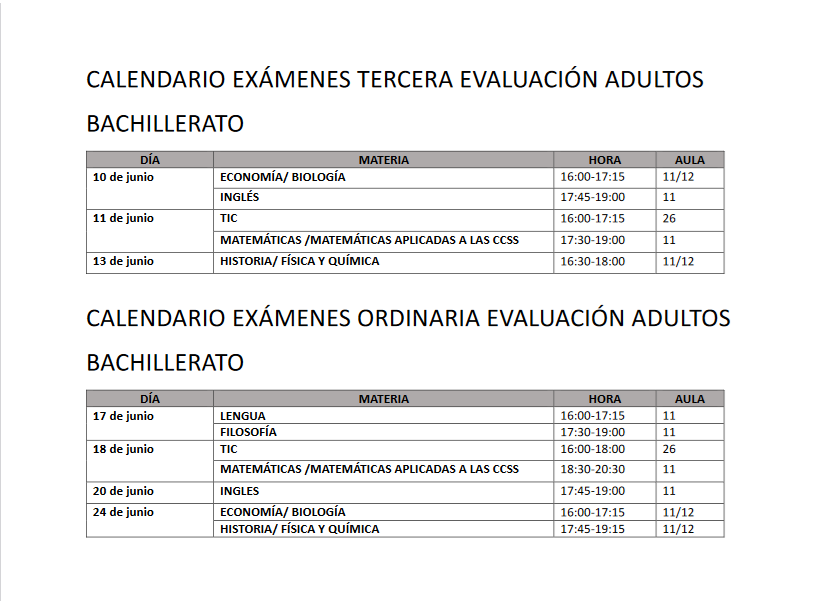 Exámenes 3ª Evaluación Adultos
